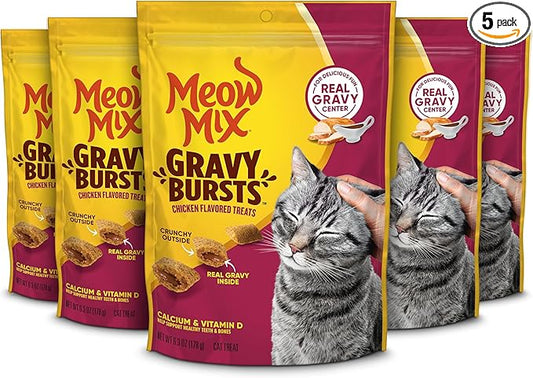 Meow Mix Gravy Bursts Chicken Flavored Cat Treats, 6.3 Oz. Bags (Pack of 5)