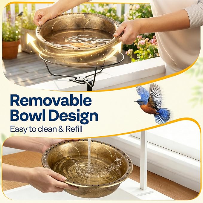 VIVOHOME Deck Mounted Bird Bath with Solar Fountain, Outdoor ABS Birdbath Bowl with Adjustable Metal Clamp, Solar Powered Pump for Railing, Fence, Balcony, 1.45 Gallons, Copper