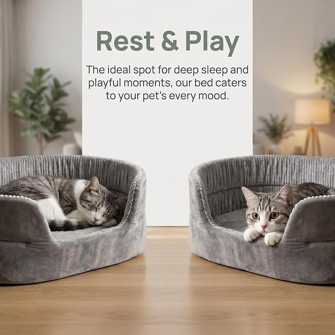 Large Dog Bed Cat Bed 20x30 Inch,Calming Pet Bed for Dogs & Cats,Machine Washable Dog Bed,Half-Enclosed Open-Top Velvet Anti-Anxiety Bed,Cozy Snuggle Bed (Grey)