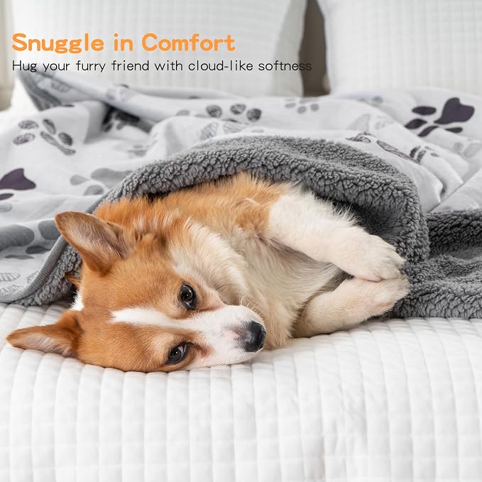 Waterproof Dog Blankets Pet Blanket, 30"x40" Cat Blanket for Indoor Cats, Soft Fluffy Sofa Car Bed Protector, Reversible Sherpa Fleece Puppy Blanket for Small Medium Dogs(Light Grey-Paws)