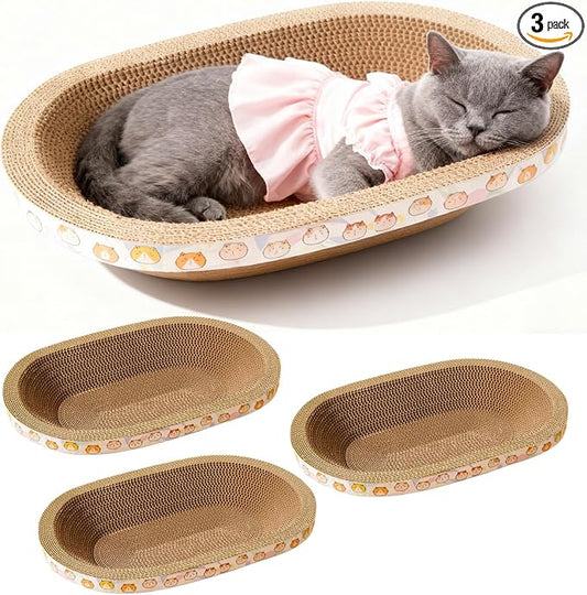 3 Pack Large Cat Scratcher Cardboard, Oval Cat Scratcher Bed Cat Scratch Pad Board Lounge Couch for Indoor Cats Bowl Shaped Cat Scratching Post Nest for Cats Grinding Claw Furniture Protector