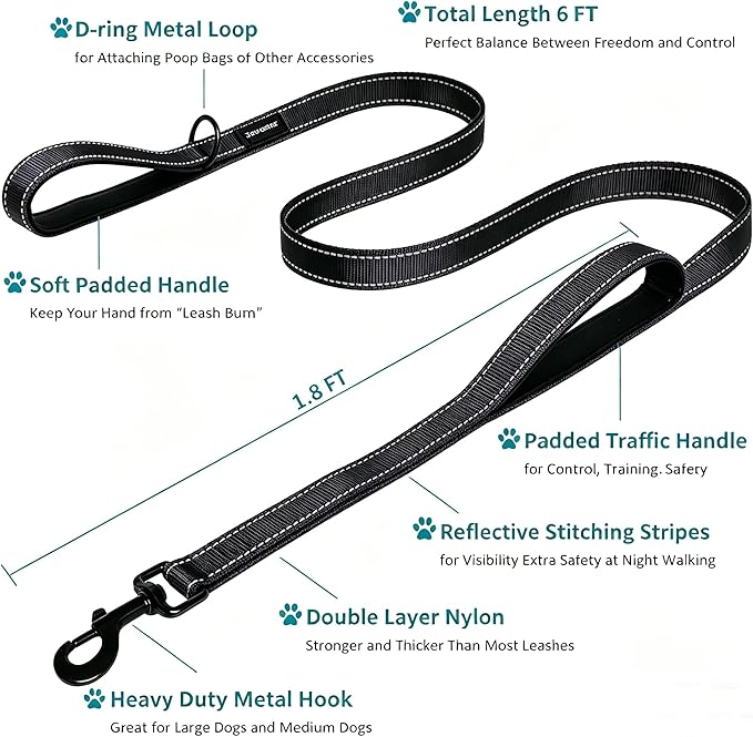 Dog Leash Heavy Duty - 2 Handles by Padded Traffic Handle for Extra Control, 6foot Long - Perfect for Medium to Large Dogs (6 ft, Black Blue)