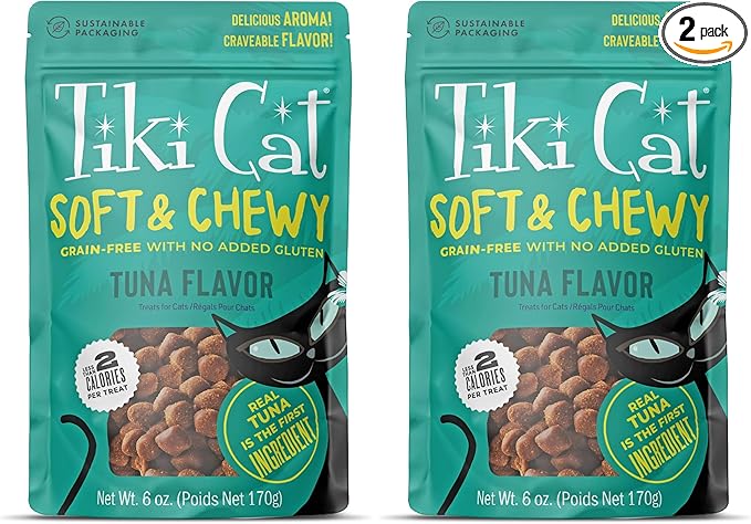 Tiki Cat Soft & Chewy Treats, Tuna Flavor, 3 Calories Per Treat with Grain-Free and No Added Gluten, 6 oz Pouch (Pack of 2)