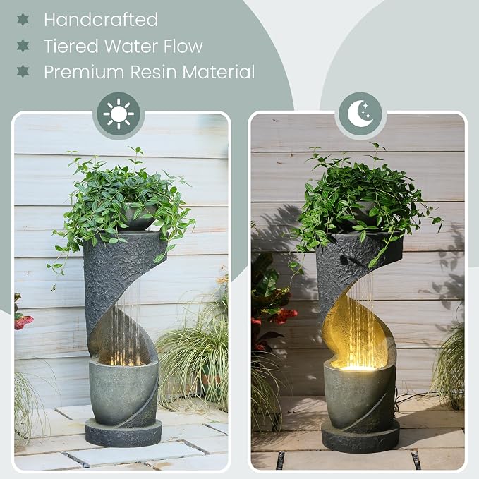 Tiered Outdoor Water Fountain, Modern Spiral Cascading Waterfall Fountain with Planter, Freestanding Resin Indoor Water Feature for Room, Garden, Patio, Deck, 31.5"H with Light Stone-Texture