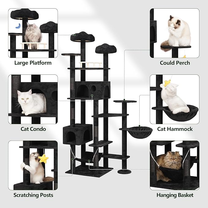 Meecal 79inch Giant Cat Tree for Heavy Duty Big Cats, Multi-Level Luxury Cat Tower with Scratching Post, Cat Condo with Hammocks & Plush Perches for Indoor Cats Large Adult, Black
