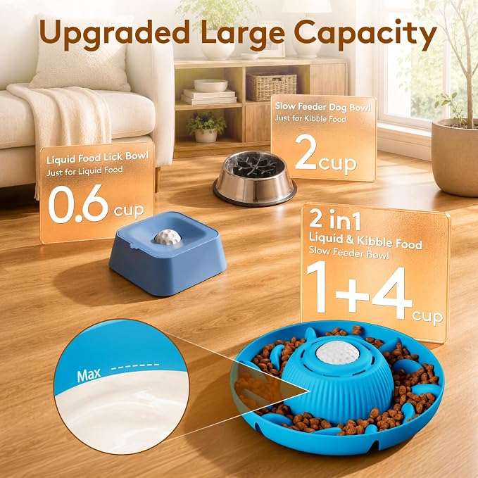 Slow Feeder Dog Bowls 2 in 1 Liquid Treat Dog Lick Bowl and Dog Bowls – 5‑Cup Large Capacity, Liquid and Solid Food Treat Dispenser for Slowing Down Eating for Large Medium Small Dogs, Blue