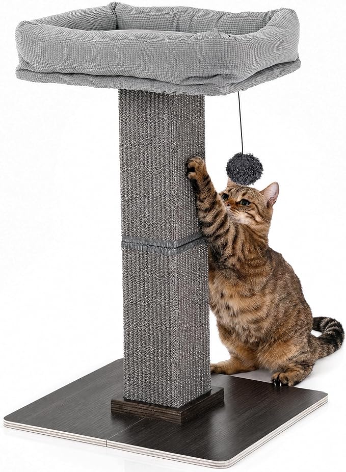 FUKUMARU Cat Scratching Post, Modern Style Tall Scratch Posts with Perch for Indoor Cats Adults, Large Cat Scratcher Tower with Bed, Small Tree with Raised Stand, Natural Sisal & Solid Wood