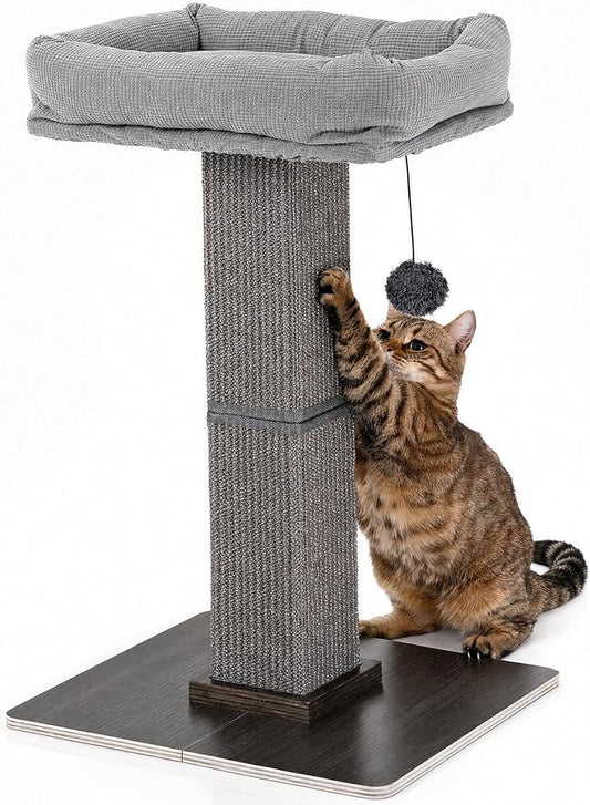FUKUMARU Cat Scratching Post, Modern Style Tall Scratch Posts with Perch for Indoor Cats Adults, Large Cat Scratcher Tower with Bed, Small Tree with Raised Stand, Natural Sisal & Solid Wood