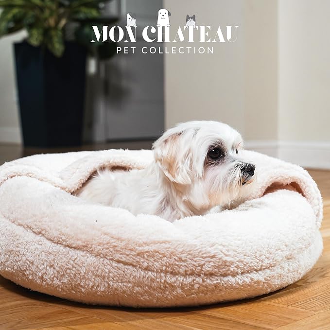 Mon Chateau Nestled Boucle Hooded Pet Bed, Plush Cat or Dog Bed with Hooded Cover, Waterproof and Machine Washable with Anti-Skid Bottom, Designed for Comfort and Safety, Cloud White