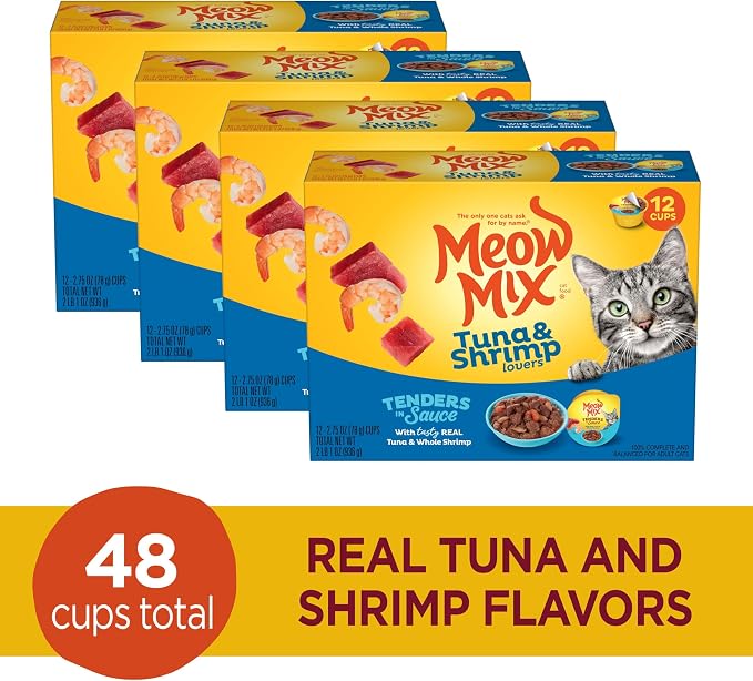 Meow Mix Tender Favorites with Real Tuna & Whole Shrimp in Sauce (Pack of 96)