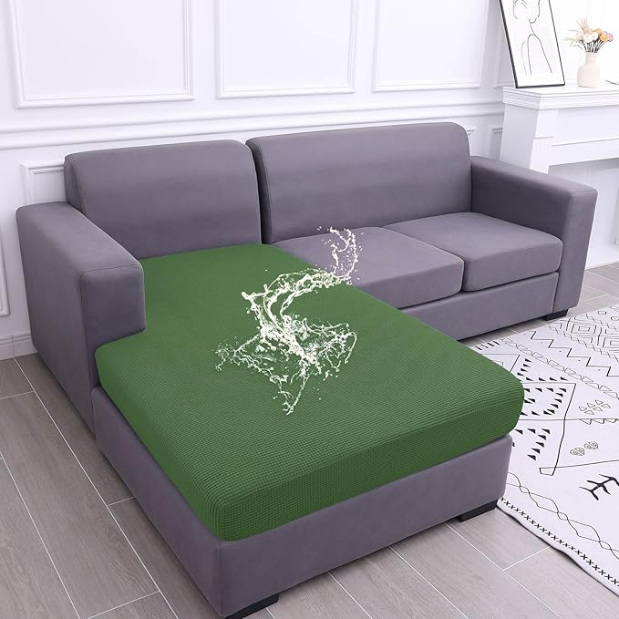 hyha Waterproof Couch Cushion Covers, Sectional Sofa Cushion Slipcovers L Shape, Thick Stretch Jacquard Fabric, Washable Chaise Lounge Cover with Elastic Bottom (1 Piece for Chaise, Grass Green)