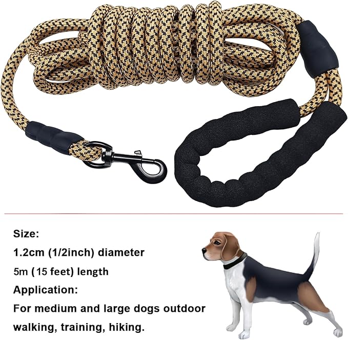 MayPaw 15FT Rope Dog Leash, Long Dog Lead 6/8/10/15/20FT Nylon Pet Leash, Soft Padded Handle Thick Lead Leashes for Large Medium Dogs (Brown, 1/2" * 15')