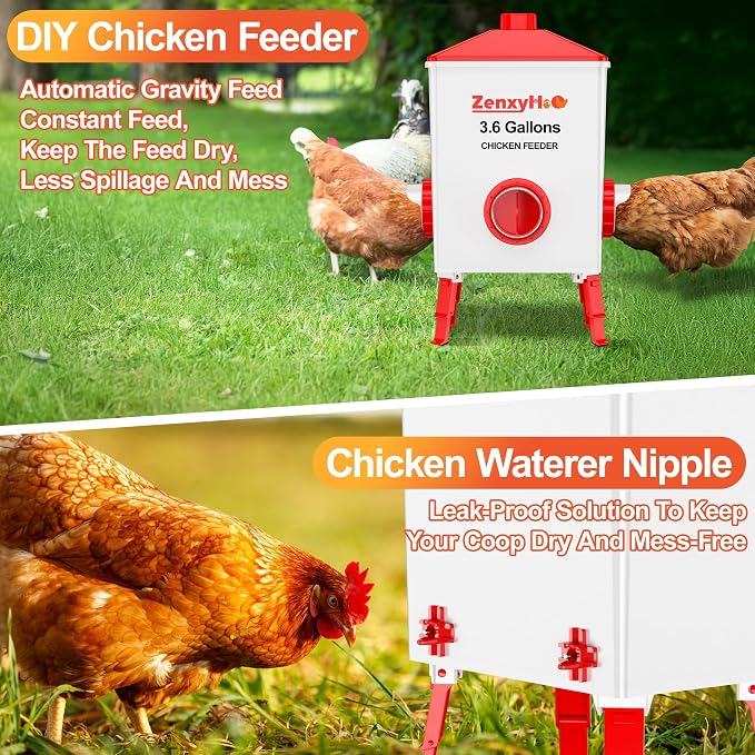 ZenxyHoC Chicken Feeders and Waterers, 6 Ports Chicken Feeder No Waste and 6 Packs Chicken Water Nipples