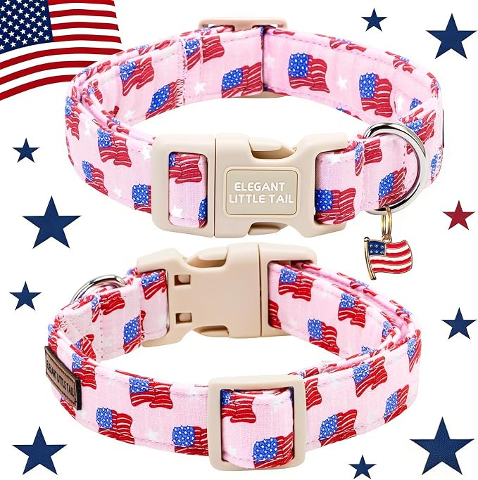 Elegant Little Tail 4th of July Dog Collar with Pendant, Pink Stars & USA Flag Pattern Cotton, Sturdy Quick-Release Plastic Buckle, Girl Adjustable Pet Collar for X-Small Dogs