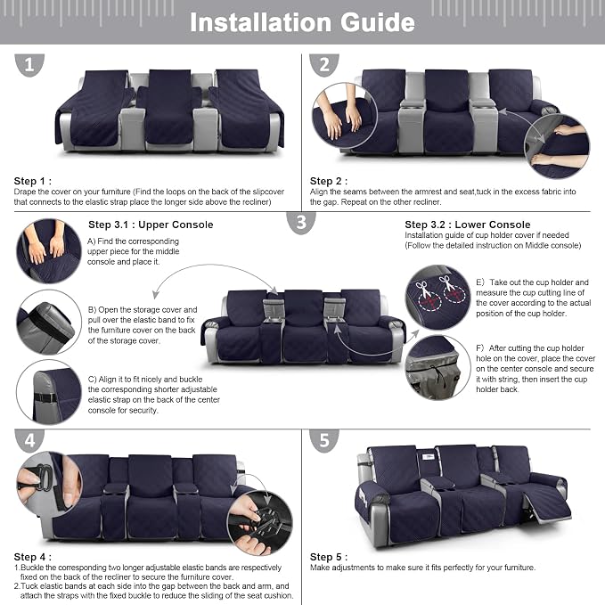 TAOCOCO 100% Waterproof Recliner Sofa Covers with Console, Couch Covers for Reclining Couches 3 Seat with Straps, Split Recliner Sofa Cover Furniture Pets Kids Protector (3 Seater, Navy Blue)
