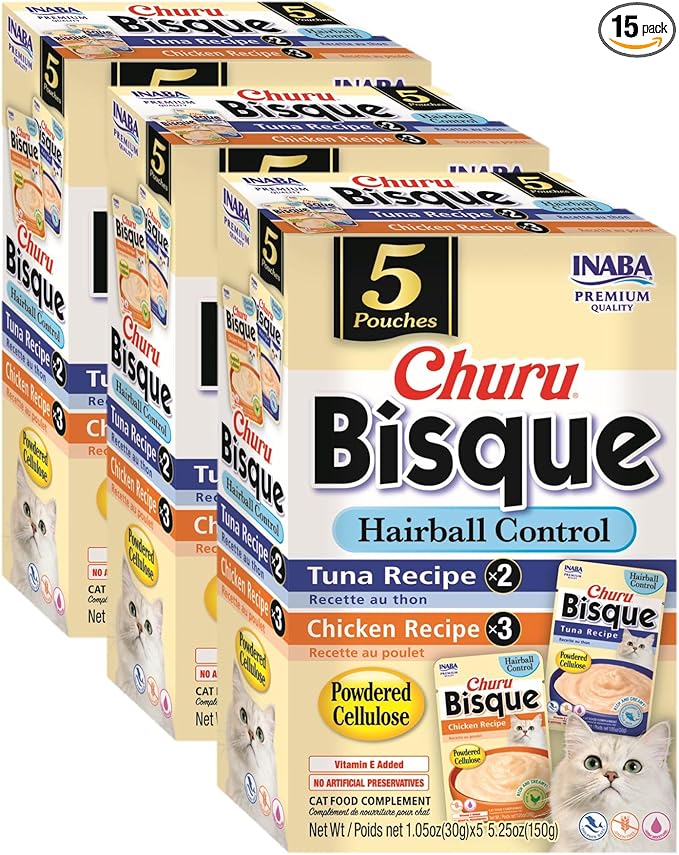 INABA Churu Bisque Indoor Care for Hairball Control for Cats, Creamy Lickable Purée Side Dish with Vitamin E, 1.05 Ounce Pouch, 15 Pouch, Tuna & Chicken Variety