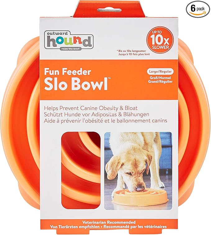 Outward Hound Fun Feeder Slo Bowl – Large 4‑Cup Capacity,Slow Feeding,Medium to Large Dogs,Non‑Slip,Orange,Swirl Pattern,(Pack of 6)