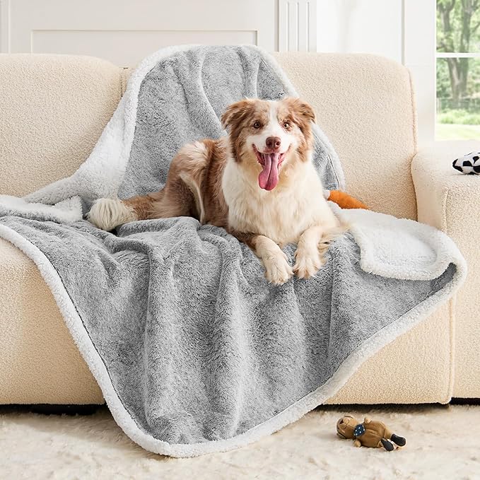ChiXnuggle Waterproof Dog Blankets for Large Dogs, Reversible Faux Fur & Sherpa Washable Pet Blanket, Soft Pet Throw for Couch Bed Protection, 50"x60", Light Grey