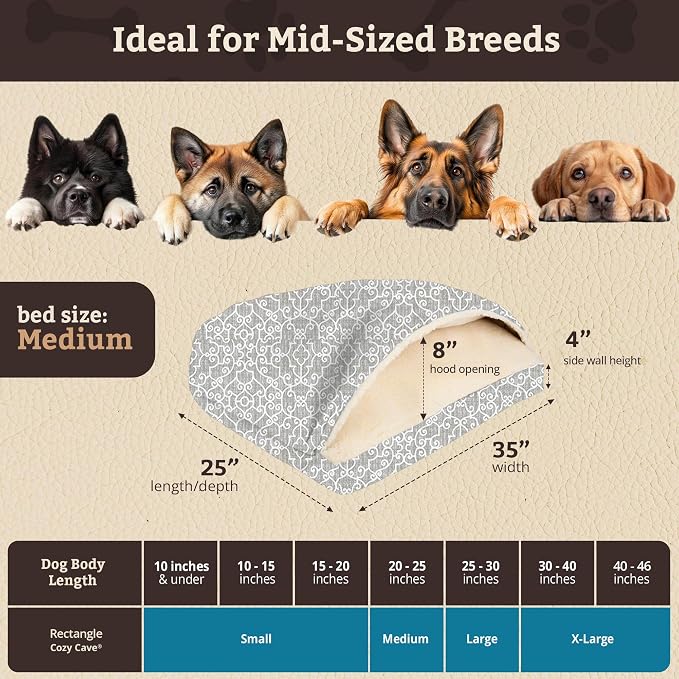 Snoozer Rectangle Cozy Cave Dog Bed - Indoor Dog Bed with Cover Cave, Covered Calming Burrow for Small & Medium Sized Pets with Blanket Attached, Enclosed, Washable Cover - Medium, Ramey Gray