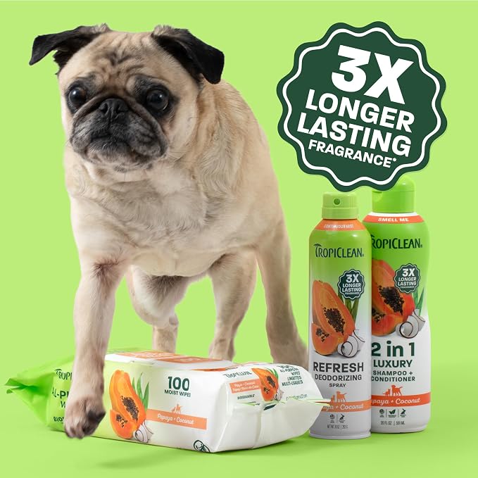 TropiClean Dog Grooming Kit, Papaya Pamper Pack (2-in-1 Dog Shampoo and Conditioner 20oz, Dog Perfume 12oz, Dog Wipes 100ct)