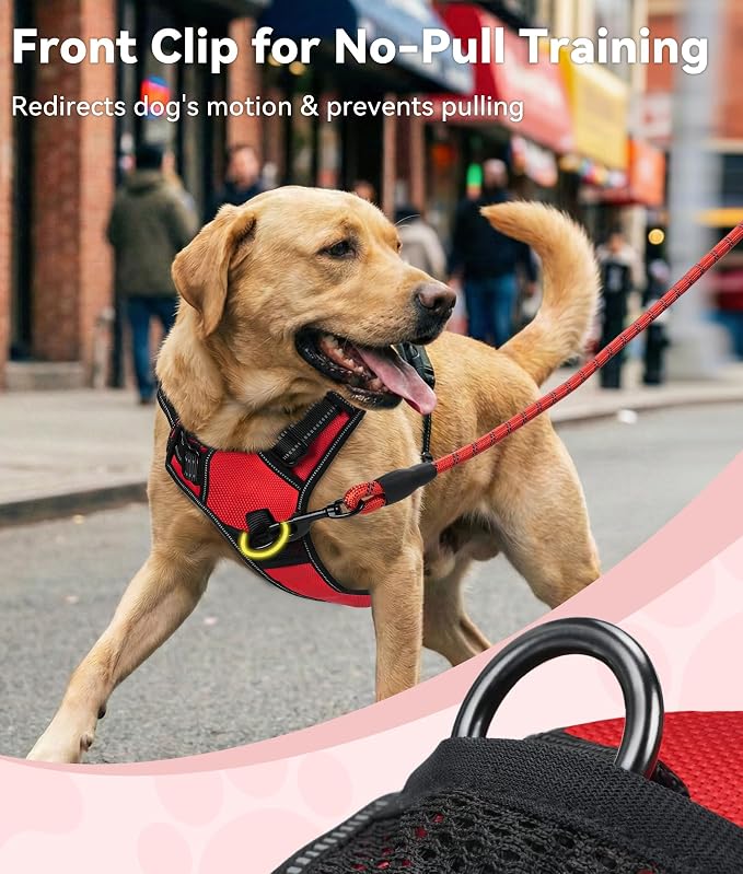 Joytale No Pull Dog Harness for Large Dogs, Reflective Pet Vest with 2 Leash Clips, Adjustable Soft Padded Harnesses with Easy Control Handle for Training and Walking, Red, L