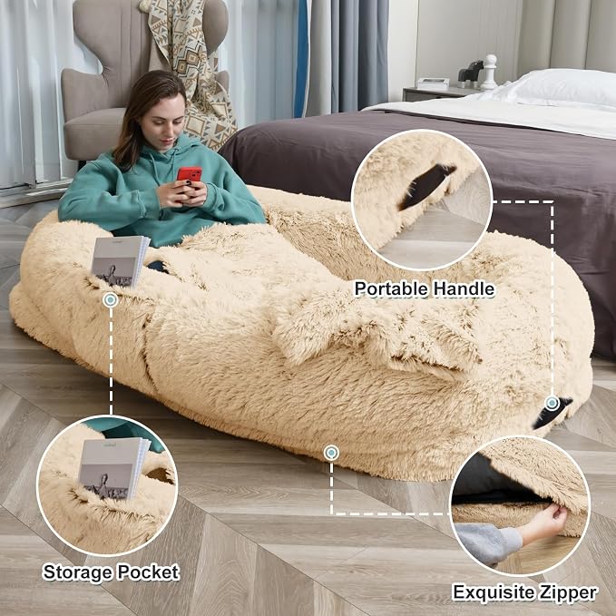 YAEM Human Dog Bed for Adult and Pets - 71"x45"x12" Washable Faux Fur People Dog Beds for Humans, Orthopedic Human Sized Pet Bed with Plump Pillow, Blanket, Beige
