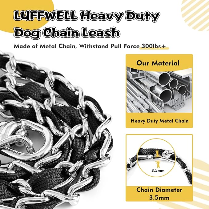 Heavy Duty Metal Dog Chain Leash with Comfortable PU Leather Padded Handle, Chew Proof for Medium Large Pooch Walking Training (4FT 3.5mm Black)