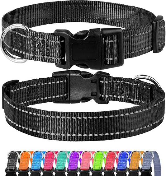 FunTags Length 8" - 12" Reflective Black Dog Collar for Extra Small Dogs – Night Walking & Training Safety, Durable Quick Release Buckle, Nylon, Comfortable Adjustable, Width 5/8"
