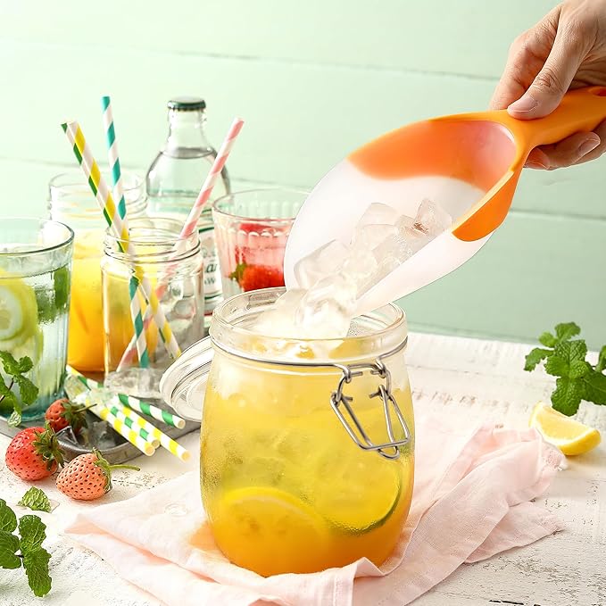 Spring Chef Magnetic Ice Scoop for Freezer Bin - Contoured Translucent Plastic Scoop with Soft Grip Handle - Kitchen Scoopers for Food, Ice Machine, Pet Food, Flour - Popcorn Scooper - 2 Pack - Mango