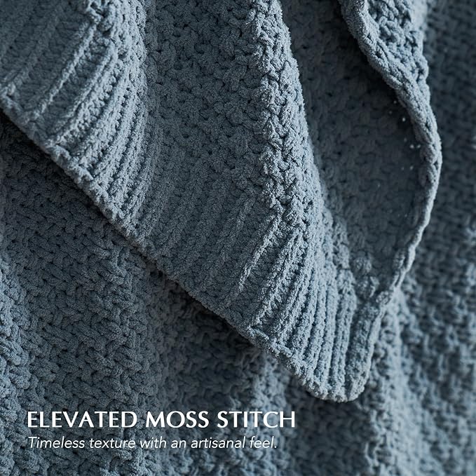 EVERGRACEHOME Chunky Chenille Knit Throw Blanket for Couch, Soft Luxurious Oversized Queen Moss Stitch Blanket for Bed, Cozy Farmhouse Knitted Throw for Sofa, Stormy Blue, 90" x 90"