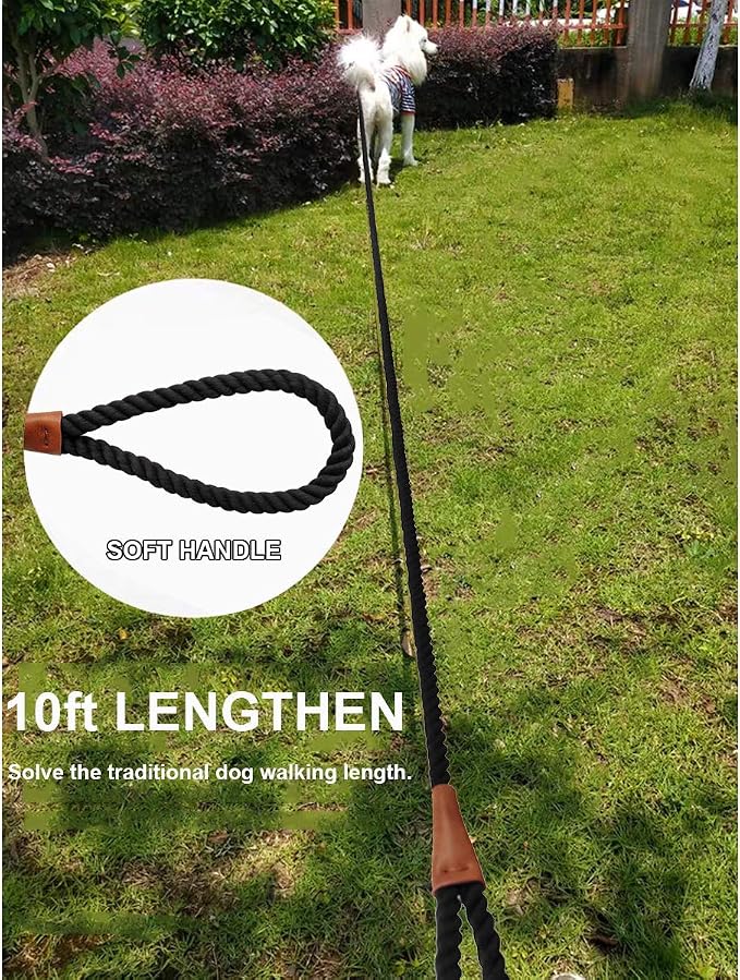 BTINESFUL 3FT/ 5FT/ 10FT Cotton Rope Dog Leash, Strong Braided Dog Leash Soft Handle Pet Traction for Large Medium Dogs Walking, Hiking, Camping, Exploring (1/2" x 10ft, Black)
