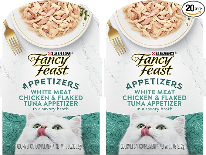 Fancy Feast Purina Appetizers Lickable Grain Free Wet Cat Food Topper White Meat Chicken and Flaked Tuna Appetizer - 1.1 oz. Trays,(Pack of 20)