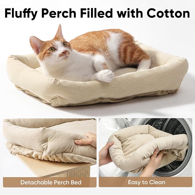 FUKUMARU Cat Scratching Post, Modern Style Tall Scratch Posts with Perch for Indoor Cats Adults, Large Cat Scratcher Tower with Bed, Small Tree with Raised Stand, Natural Sisal & Solid Wood