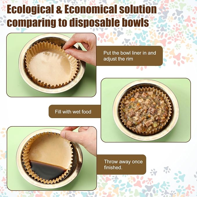 meekoo 600 Pcs Large Pet Disposable Feeding Bowls Liner Bulk Cat Food Bowls Small Paper Dish Paper Liner for Small Dogs Cats Dish Wet Food Feeding Station (Khaki,Paw)