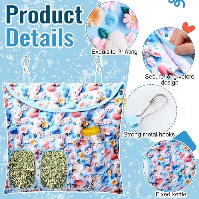 UPINS 2 Pack Hay Bag for Rabbits 2-Hole Hanging Hay Feeder Guinea Pig Hay Bags, Hay Feeder for Rabbits Chinchillas Hamsters Small Pets and Animals