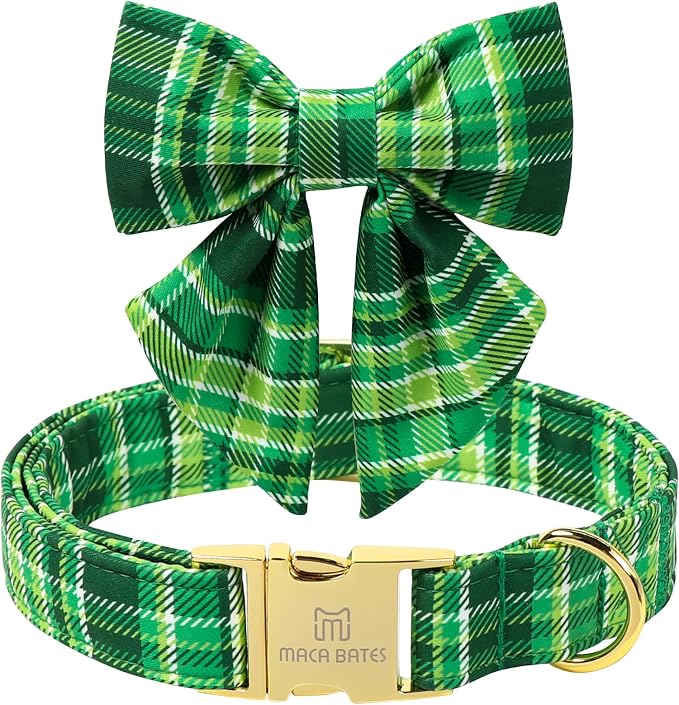 Maca Bates Irish Plaid Dog Collar with Sailor Bow Tie,Shamrock Green Gingham Pattern for Large Girl Boy Dogs,Adjustable Durable Soft Collars Gift for Male Female Puppy