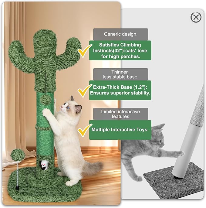 Tall Cat Scratching Post for Indoor Cats Adults, Cat Scratch Post with Sisal Rope Claw Scratcher, Solid Wood Cat Tower with Scratching Post and Cat Toys Mouse Hole,Cactus Small Cat Tree(Green Cactus)