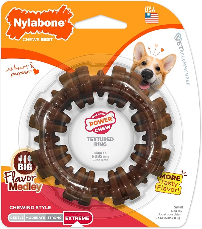 Nylabone Textured Ring Power Chew Toy for Small Dogs, Durable Dog Toys for Aggressive Chewers, Strong Dog Chew Bones To Keep Them Busy, Flavor Medley, Small - Up to 25 lbs, 1 Count