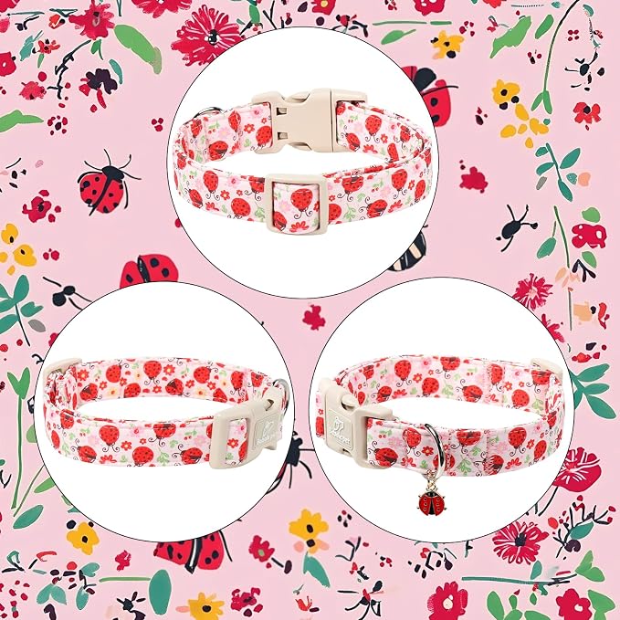 Lucky Ladybug Dog Collar for Medium Dogs - Sweet Pink Girl Dog Collars, Lightweight Adjustable Spring Garden Mom Dogs Collars with Quick Release Buckle M