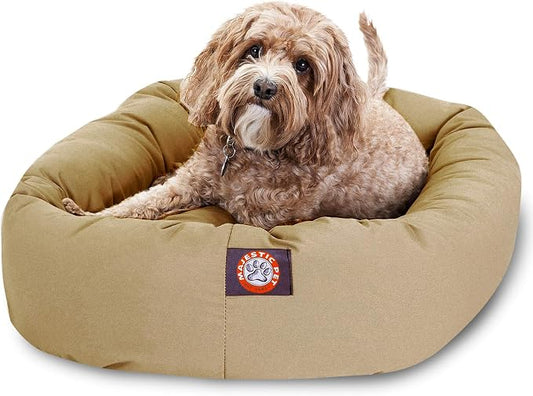 Majestic Pet 32 Inch Bagel Calming Dog Bed Washable – Cozy Soft Round Pet Bed with Spine Support for Dogs to Rest their Head - Fluffy Donut Puppy Bed 32x23x7 (Inch) - Medium – Khaki