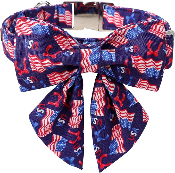 Maca Bates American Flag 4th of July Dog Collar with Sailor Bow 4 of 7 for Dogs Tie Adjustable Durable Flags Patriotic USA Collars Summer Independence Day for Small Medium Large XL Boy Girl Puppy