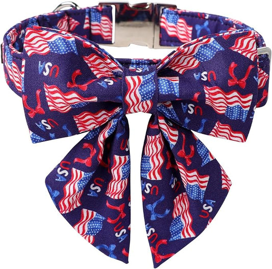 Maca Bates American Flag 4th of July Dog Collar with Sailor Bow 4 of 7 for Dogs Tie Adjustable Durable Flags Patriotic USA Collars Summer Independence Day for Small Medium Large XL Boy Girl Puppy