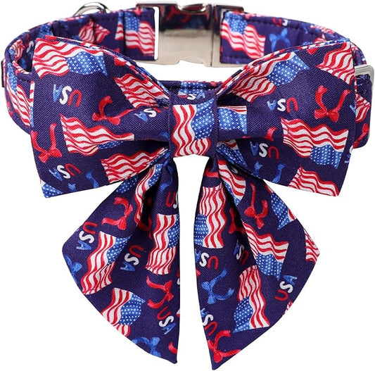 Maca Bates American Flag 4th of July Dog Collar with Sailor Bow 4 of 7 for Dogs Tie Adjustable Durable Flags Patriotic USA Collars Summer Independence Day for Small Medium Large XL Boy Girl Puppy