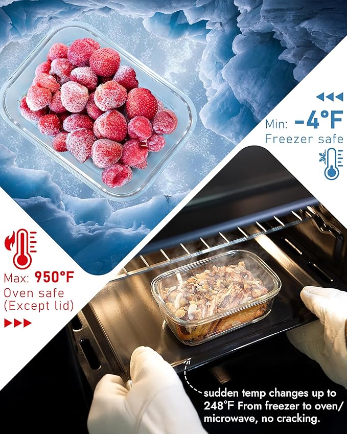 12-Pack Glass Containers with Tempered Lids – Borosilicate, Oven-Safe(-4°F~950°F), Airtight, BPA-Free, Multi-Size for Meal Prep, Dishwasher Safe, 1.6 cups to 6.4 cups (Blue)