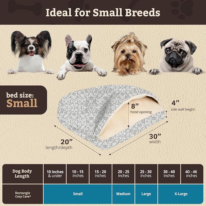 Snoozer Rectangle Cozy Cave Dog Bed - Indoor Dog Bed with Cover Cave, Covered Calming Burrow for Small Sized Pets with Blanket Attached, Enclosed, Washable Cover - Small, Ramey Gray