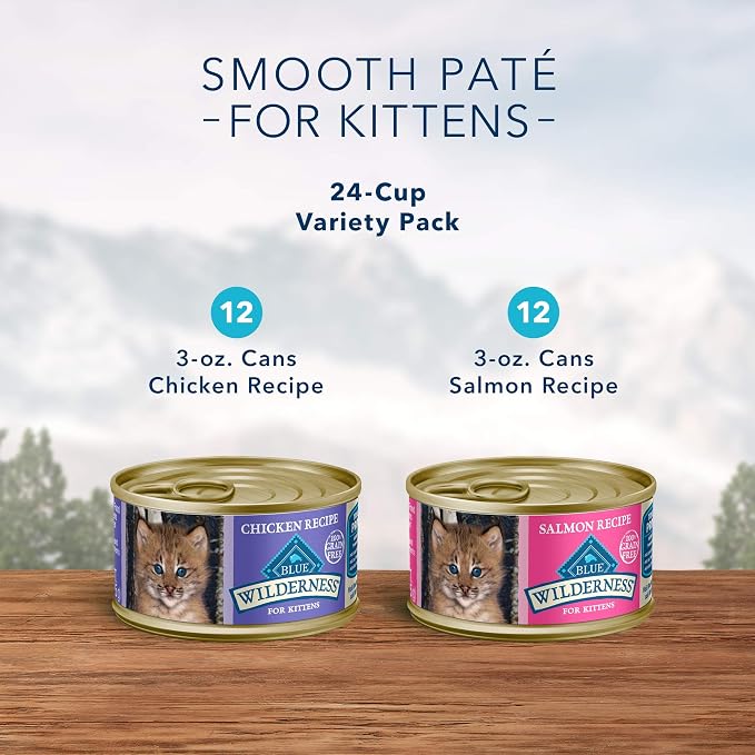 Blue Buffalo Wilderness High Protein Grain Free, Natural Kitten Pate Wet Cat Food Variety Pack, Chicken, Salmon, 3-oz Can, 24 Count