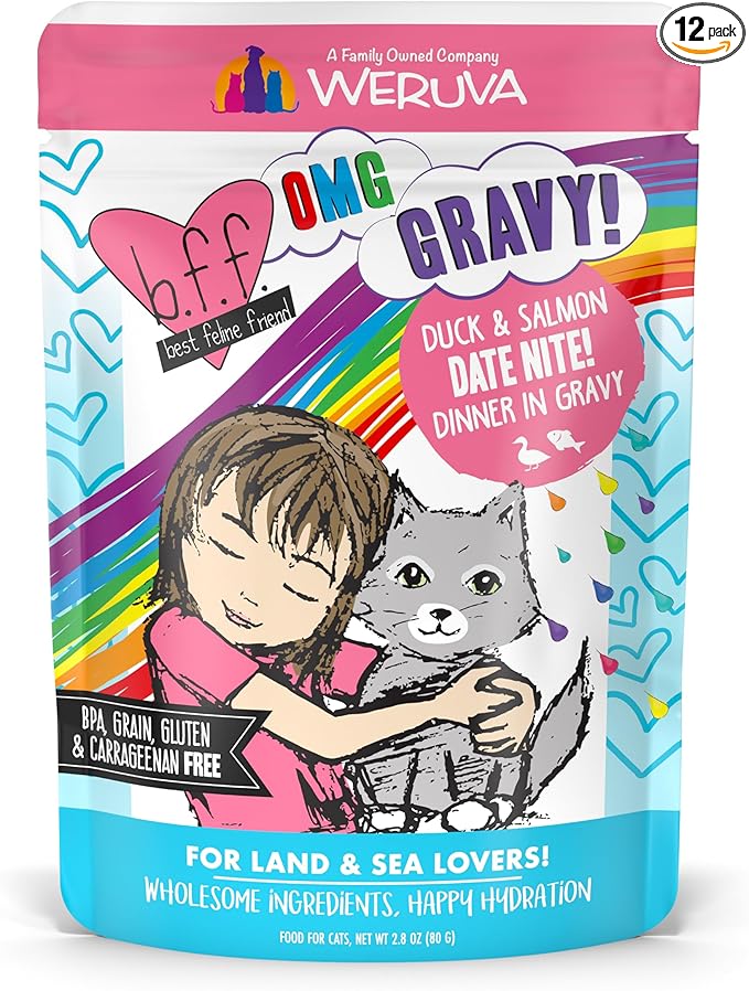 Weruva B.F.F. OMG - Best Feline Friend Oh My Gravy!, Date Nite! with Duck & Salmon in Gravy Cat Food, 2.8oz Pouch (Pack of 12)