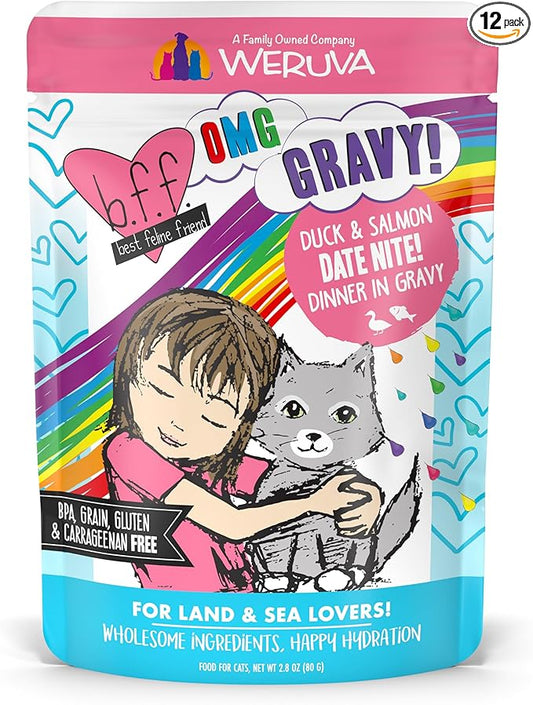 Weruva B.F.F. OMG - Best Feline Friend Oh My Gravy!, Date Nite! with Duck & Salmon in Gravy Cat Food, 2.8oz Pouch (Pack of 12)