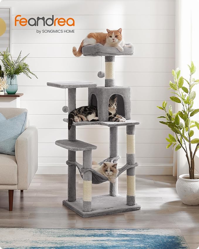 Feandrea Cat Tree, 54.2-Inch Cat Tower, Plush Multi-Level Condo with 4 Scratching Posts, 2 Perches, Hammock, Cave, Light Gray UPCT161W01