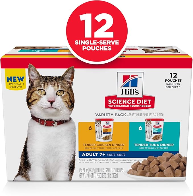 Hill's Science Diet Adult 7+ Wet Cat Food Variety Pack, Chicken & Tuna, 2.8 oz. Pouches, 12-Pack